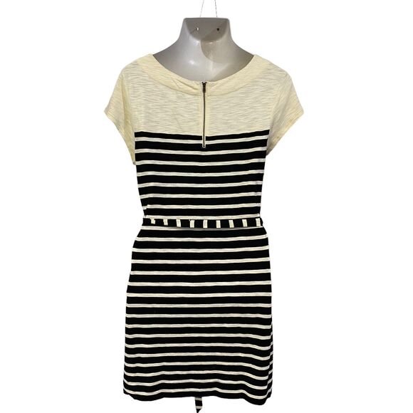 Merona Dress Womens Medium Stripe Belted Coastal Preppy Nautical Black Cream - Picture 2 of 15